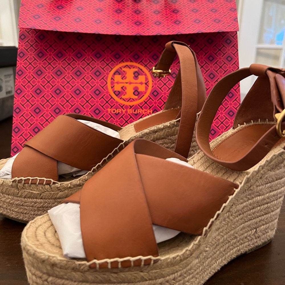 Tory Burch Brown Wedge Espadrilles with Leather Straps